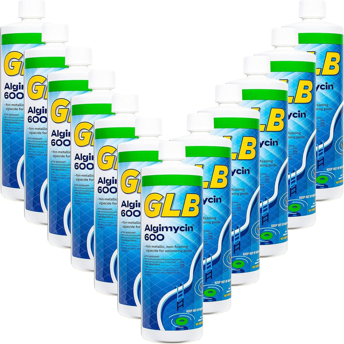 GLB Algimycin 600 Algaecide 32 FL OZ 71108A with My Garden Pool 7 in 1 Test Strips and Measuring Cup, 12 Pack