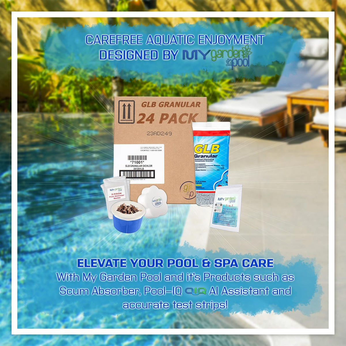 GLB Granular Chlorine (71001A) 24 LB (1 LB x 24) - Stabilized Fast Dissolving Pool Sanitizer, Calcium-Free, Shock Treatment Ready, with My Garden Pool Test Strips & Skimmer Socks and Scum Sponge