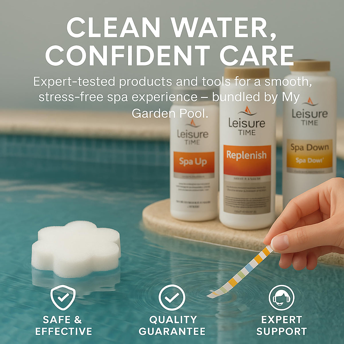Leisure Time Cold Plunge Kit – Spa Up, Spa Down, Replenish, Calcium Booster (All 2 lb) – with My Garden Pool Scum Sponge & 7-in-1 Pool & Spa Test Strips (20 ct) – Water Balance for Cold Plunge Tubs