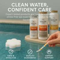 Leisure Time Cold Plunge Kit – Spa Up, Spa Down, Replenish, Calcium Booster (All 2 lb) – with My Garden Pool Scum Sponge & 7-in-1 Pool & Spa Test Strips (20 ct) – Water Balance for Cold Plunge Tubs