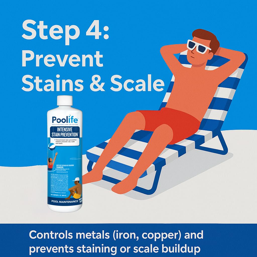 Poolife Basic Start-Up Pool Bundle – 1 lb TurboShock, Clarifier, AlgaeKill II, Stain Preventer – with My Garden Pool Skimmer Socks, Scum Sponge & 7-in-1 Pool Test Strips (20 ct)