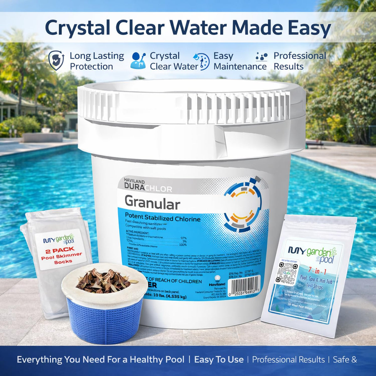 Haviland Durachlor Granular 10 lb with My Garden Pool Scum Socks, Test Strip & Pool-IQ AI Assistant