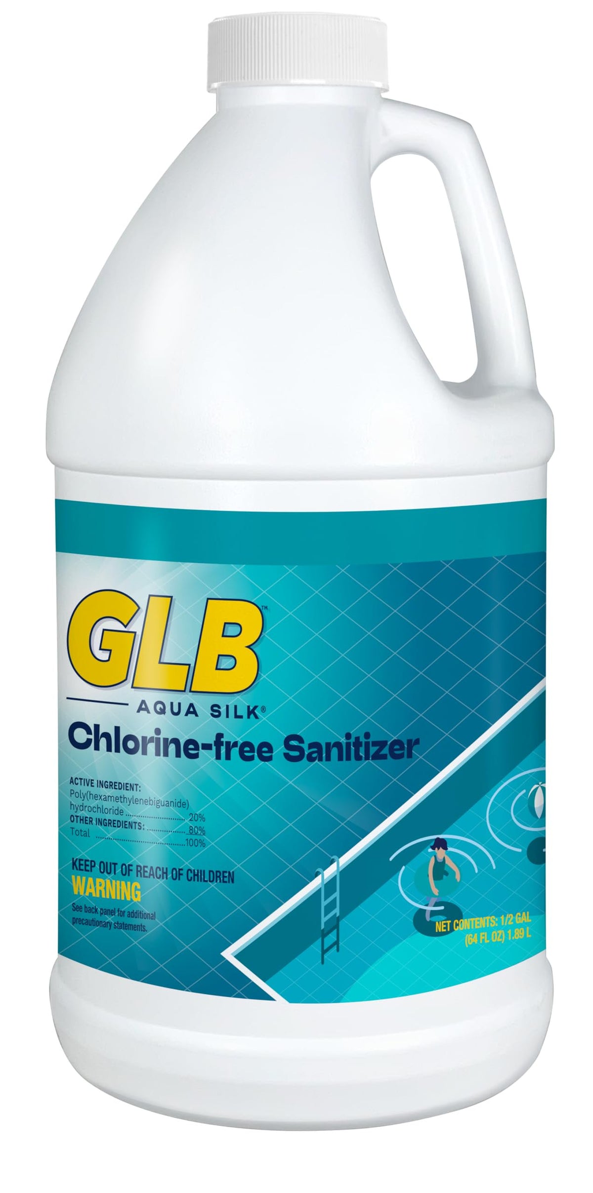 GLB Aqua Silk Sanitizer 64 Fl Oz 4 Pack (71269) with My Garden Pool 7-in-1 Test Strips 20 ct and Measuring Cup