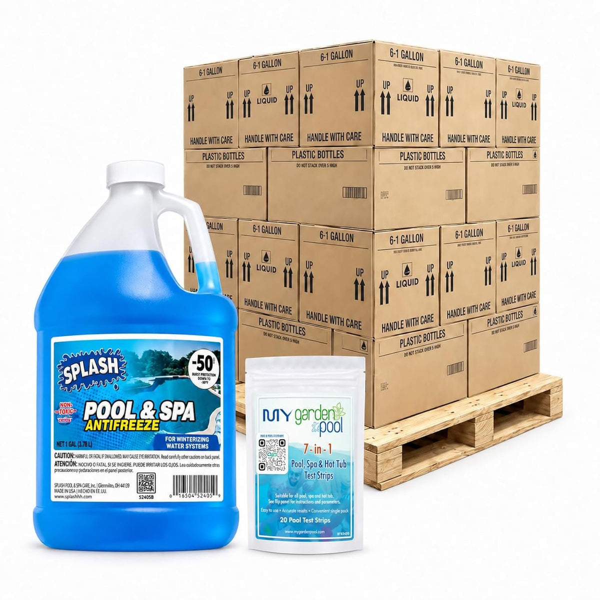 Splash Pool & Spa Antifreeze -50°F, 210 PACK - 35 CASES, Winter Protection for Pools & Spas - NEW DESIGN - with My Garden Pool 7-in-1 Pool & Spa Test Strips (20 ct.)