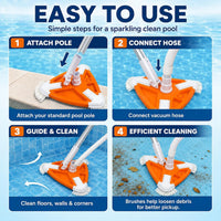 My Garden Pool Triangular Pool Vacuum Head with Corner Brushes, Swimming Pool Cleaner for Floors, Walls & Corners, Compatible with Standard Pool Poles & Vacuum Hoses, Made in USA