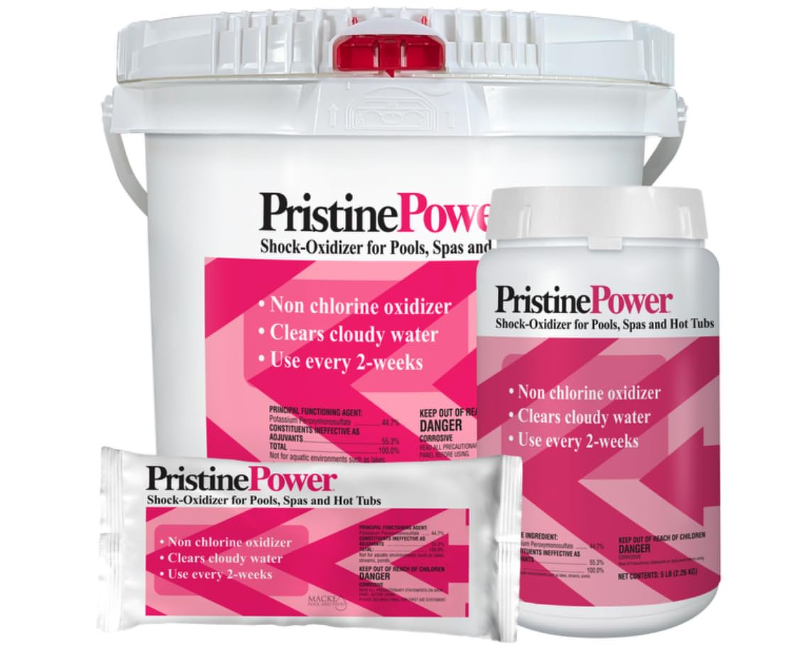PristinePower 24 lb Non Chlorine Shock for Pools & Spas Clears Cloudy Water & Removes Contaminants Includes My Garden Pool 2 Scum Socks 7 in 1 Test Strip & Pool IQ Assistant