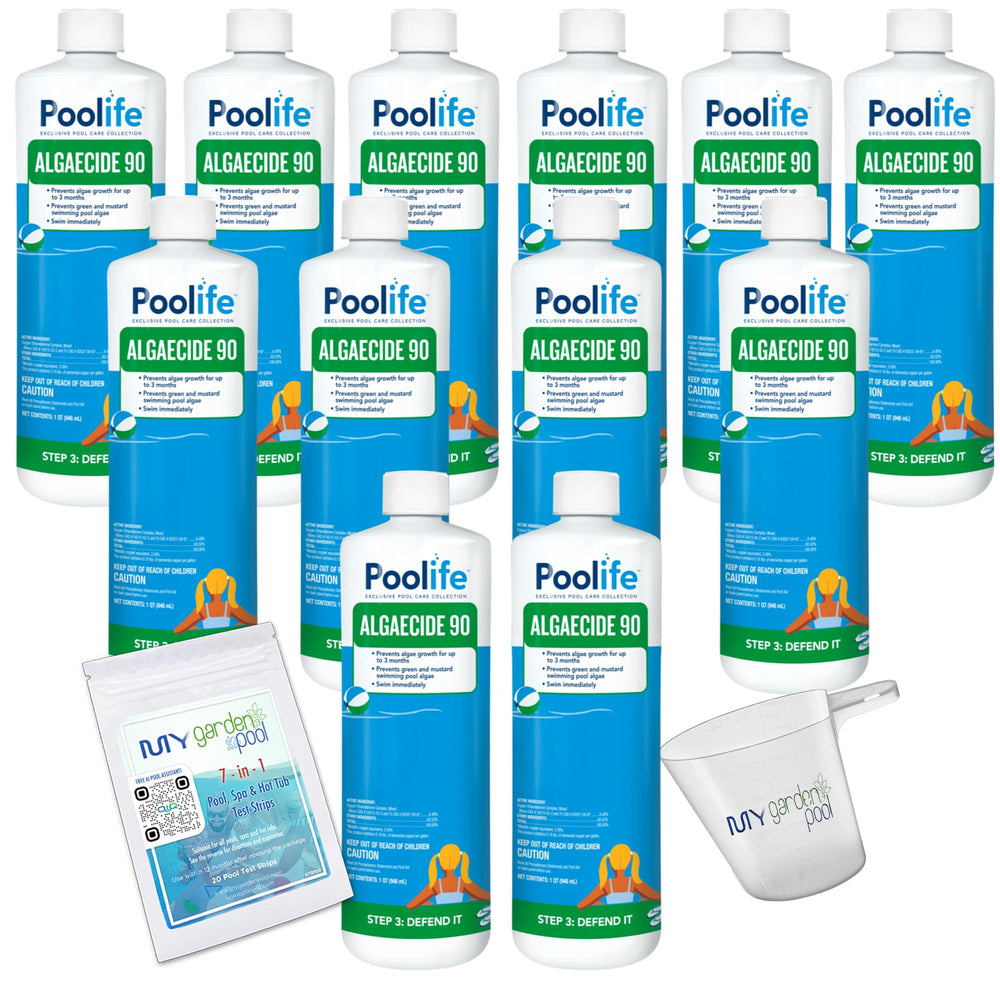 Poolife Algaecide 90 – Long-Lasting Copper Pool Algaecide for Green, Black & Mustard Algae – 90-Day Protection – Includes 7-in-1 Test Strips, Measuring Cup & Pool-IQ AI Assistant 12 Pack