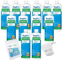 Poolife Algaecide 90 – Long-Lasting Copper Pool Algaecide for Green, Black & Mustard Algae – 90-Day Protection – Includes 7-in-1 Test Strips, Measuring Cup & Pool-IQ AI Assistant 12 Pack