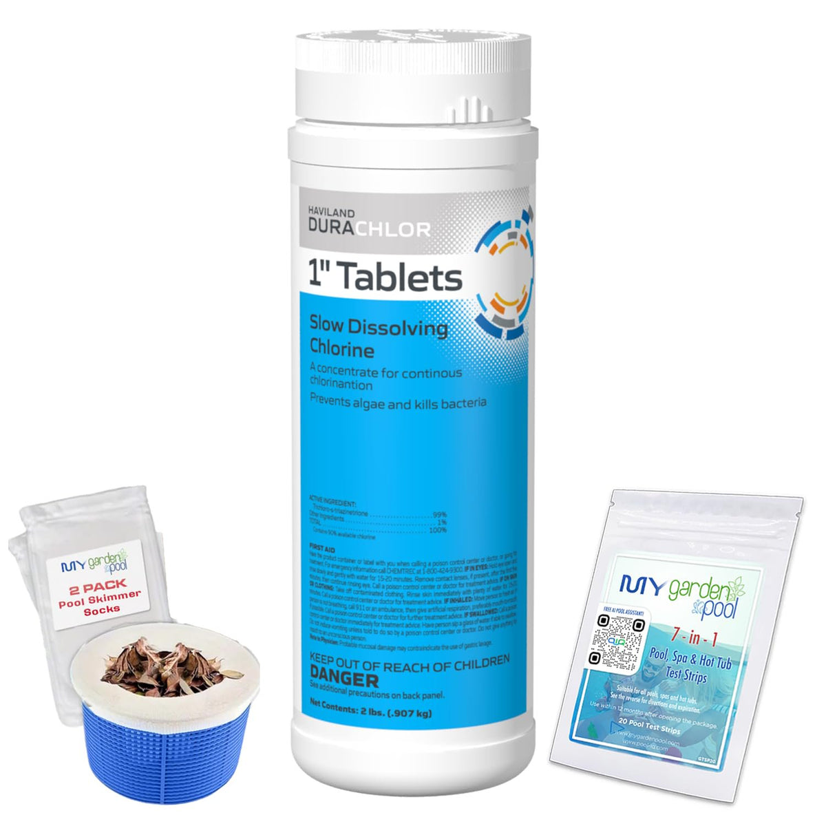Haviland Durachlor 1 Inch Tablets 2 lb with My Garden Pool Scum Socks, Test Strip & Pool-IQ AI Assistant