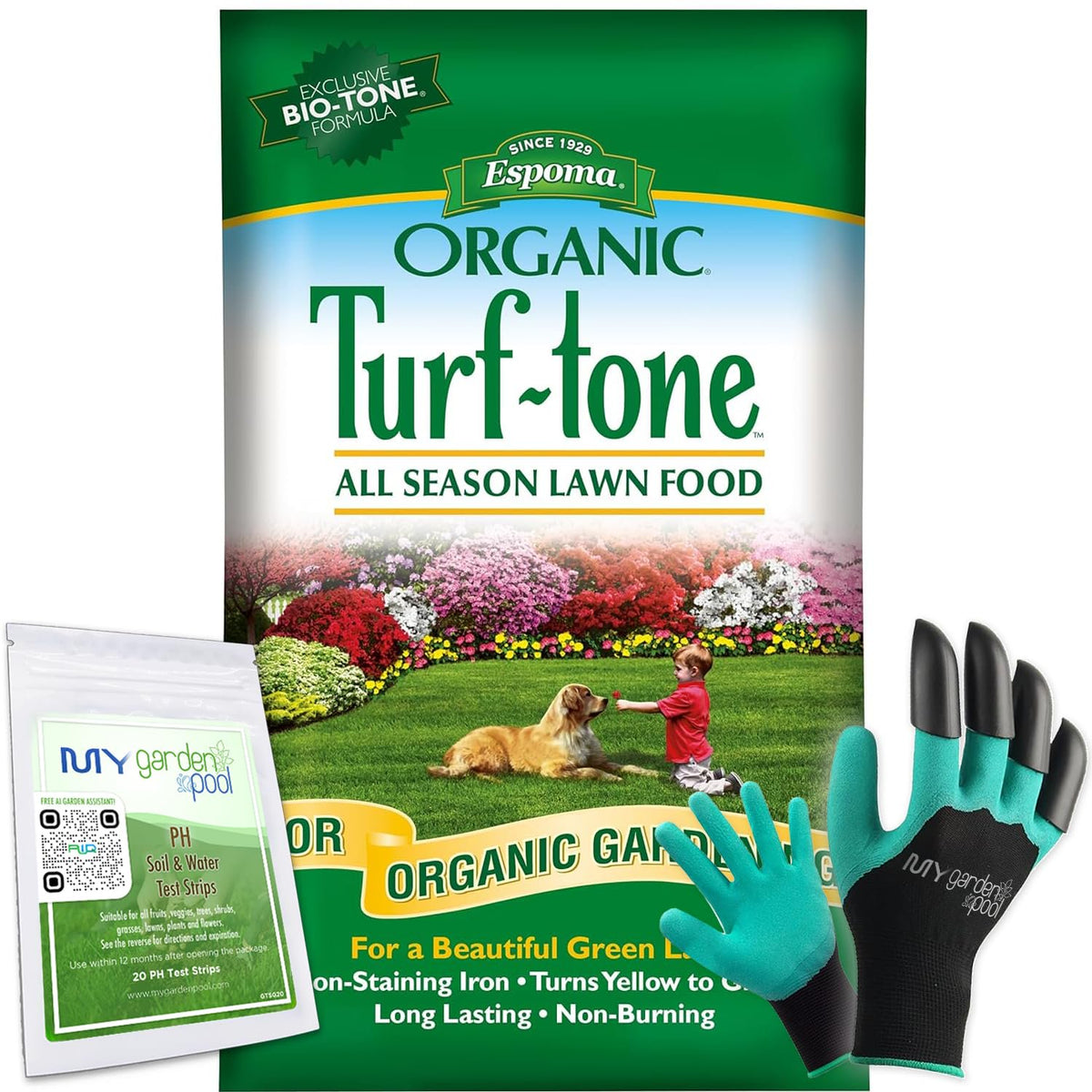 Espoma Turf-Tone All Season Organic Lawn Food with Iron & Exclusive Bio-Tone Formula with My Garden Pool PH Soil Test Strips 20 ct, and Superior Gardening Claw Gloves - 28 LBS