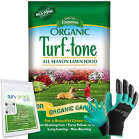 Espoma Turf-Tone All Season Organic Lawn Food with Iron & Exclusive Bio-Tone Formula with My Garden Pool PH Soil Test Strips 20 ct, and Superior Gardening Claw Gloves - 28 LBS