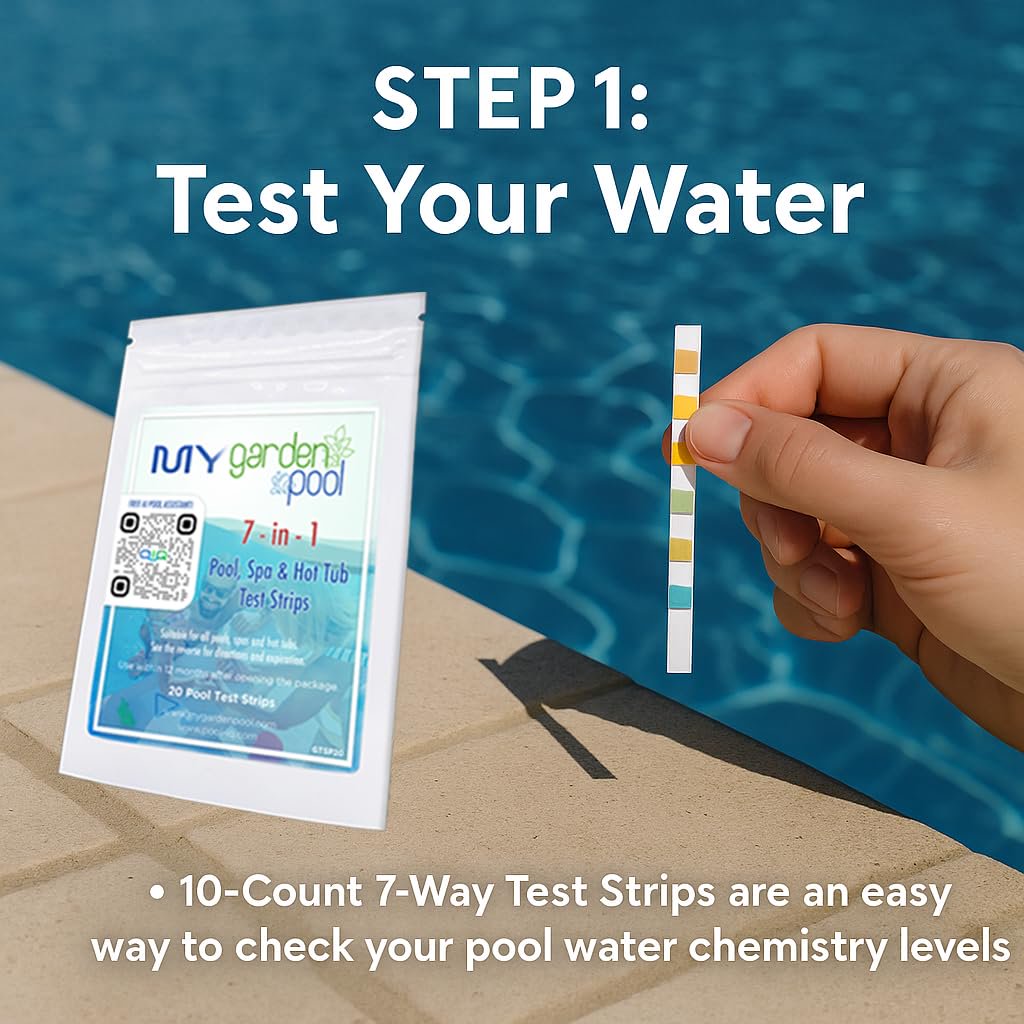 GLB Basic Start-Up Pool Bundle – 1 lb Supersonic Shock, Super Blue Clarifier, Sequa-Sol, Algimycin 2000 – with My Garden Pool Skimmer Socks, Scum Sponge & 7-in-1 Pool Test Strips