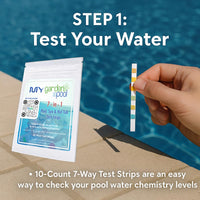 GLB Basic Start-Up Pool Bundle – 1 lb Supersonic Shock, Super Blue Clarifier, Sequa-Sol, Algimycin 2000 – with My Garden Pool Skimmer Socks, Scum Sponge & 7-in-1 Pool Test Strips