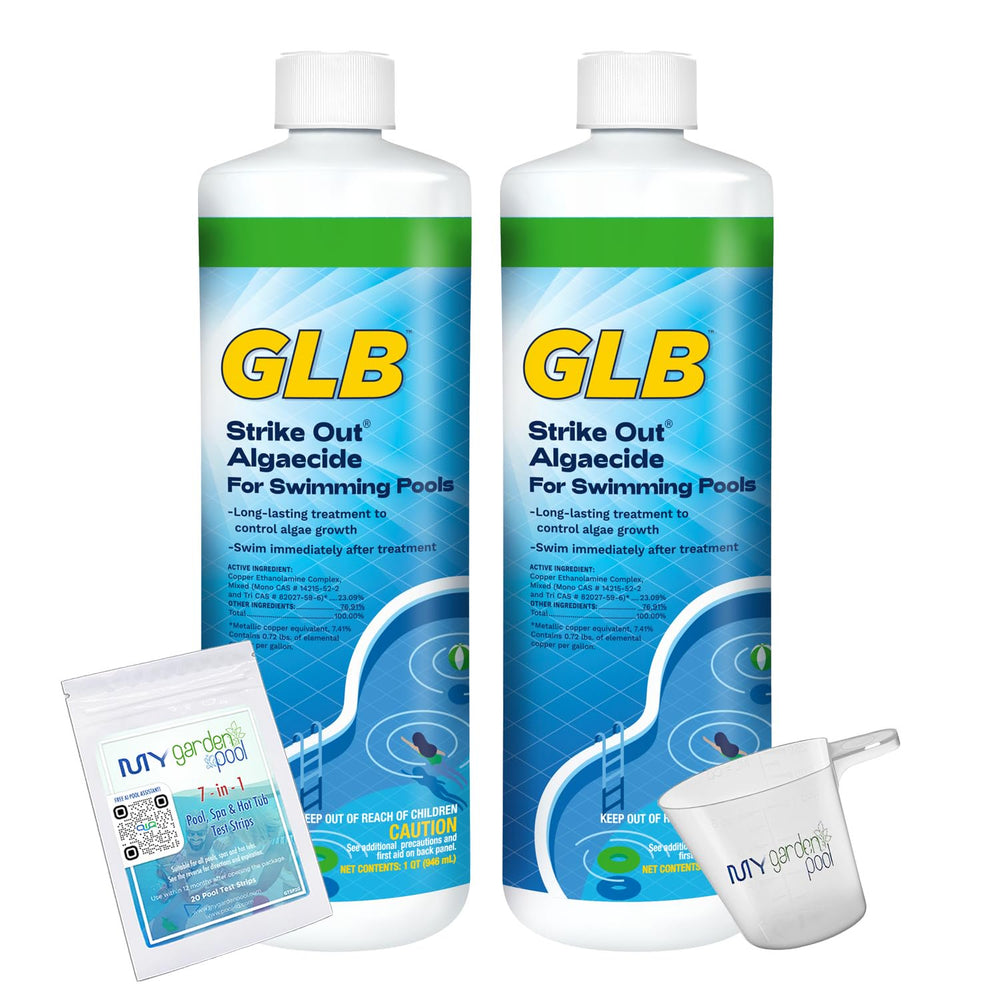 GLB Strike-Out Algaecide 32 FL OZ 71114A with My Garden Pool 7 in 1 Test Strips and Measuring Cup, 2 Pack