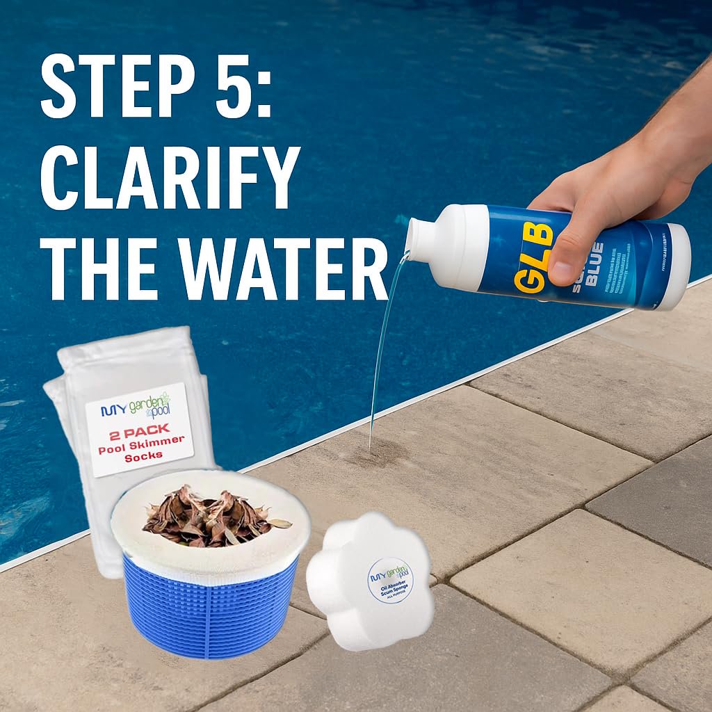 GLB Super Start-Up Pool Bundle – 4×1 lb Supersonic Shock, 2× Algimycin 2000, 2× Sequa-Sol, 1 lb Stabilizer, Super Blue – with My Garden Pool Skimmer Socks, Scum Sponge & Test Strips (20 ct)