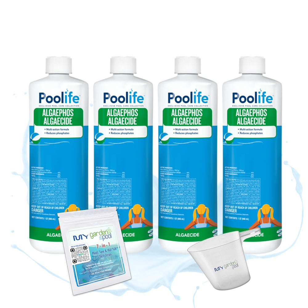 Poolife AlgaePhos – Dual-Action Algaecide & Phosphate Remover for Pools – Prevents Algae & Reduces Phosphates – Includes 7-in-1 Test Strips, Measuring Cup & Pool-IQ AI Assistant 4 Pack