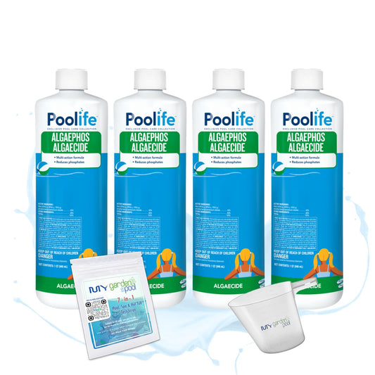 Poolife AlgaePhos – Dual-Action Algaecide & Phosphate Remover for Pools – Prevents Algae & Reduces Phosphates – Includes 7-in-1 Test Strips, Measuring Cup & Pool-IQ AI Assistant 4 Pack