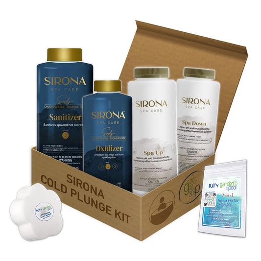 SRN Cold Plunge Kit – Sanitizer, Oxidizer, Spa Up, Spa Down – with My Garden Pool Scum Sponge & 7-in-1 Pool & Spa Test Strips (20 ct) – pH Balance & Maintenance Set for Ice Baths & Plunge Tubs