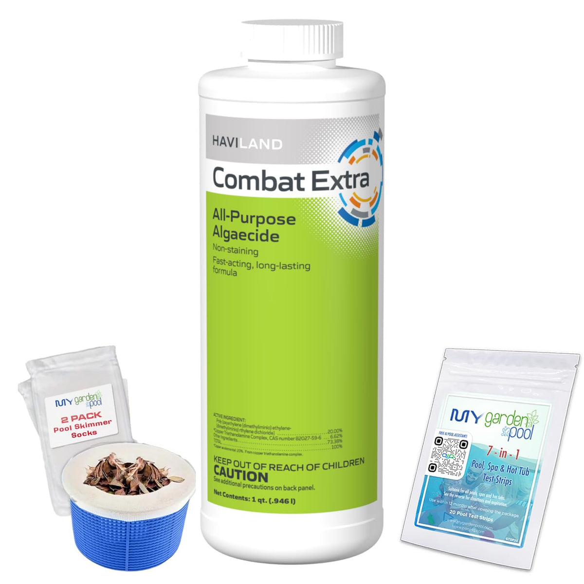 Haviland Durachlor Combat Extra 1 QT with My Garden Pool Scum Socks, Test Strip & Pool-IQ AI Assistant