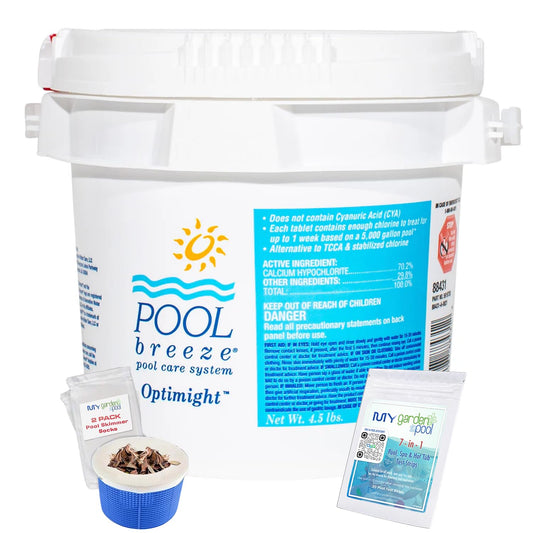 Pool Breeze Optimight Cal Hypo Tablets 88431 4.5 LB Long Lasting Sanitizer with My Garden Pool 7 in 1 Test Strips & Scum Socks