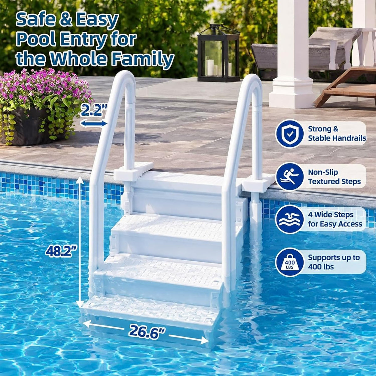 My Garden Pool 4-Step In-Pool Entry Stairs for 48–54 Inch Above-Ground Pools, Dual Handrails, Textured Step Surfaces, 2 Adjustable Deck Connectors and Slotted Side Panels, White