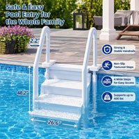 My Garden Pool 4-Step In-Pool Entry Stairs for 48–54 Inch Above-Ground Pools, Dual Handrails, Textured Step Surfaces, 2 Adjustable Deck Connectors and Slotted Side Panels, White