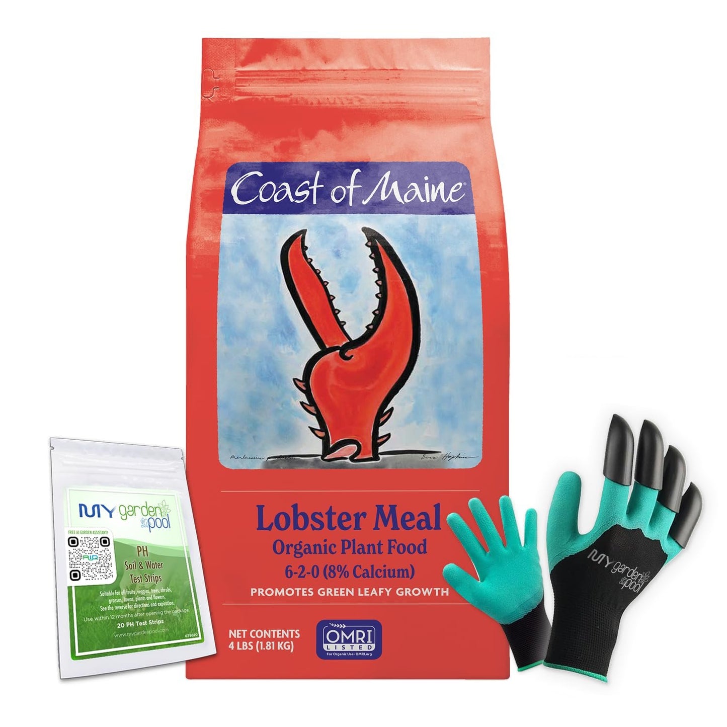 Coast of Maine LM6000 Lobster Meal Plant Food 4 LB – Natural Organic Fertilizer with Calcium for Soil Health with My Garden Pool Soil Test Strips & Gardening Claw Gloves