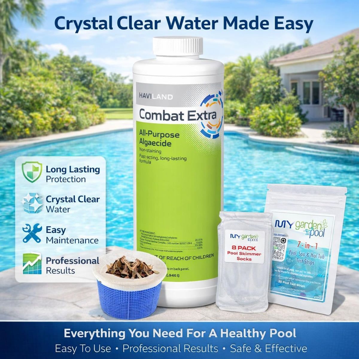 Haviland Durachlor Combat Extra 1 QT with My Garden Pool Scum Socks, Test Strip & Pool-IQ AI Assistant