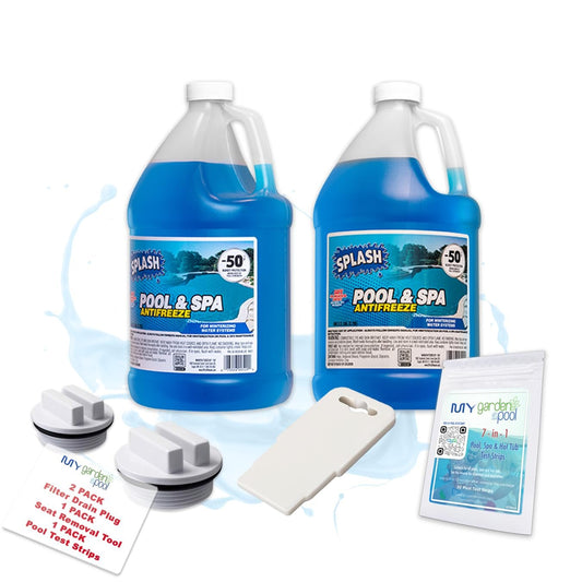 My Garden Pool Splash Pool & Spa Antifreeze 7 in 1 Test Strips & 1.5" Threaded Pool Spa Return Line Winterizing Plug & Pool Filter Drain Plug & Seat Removal Tool - Winterizing! - 2 Pack