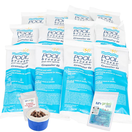 Pool Breeze Granular 68 88475 – 12 lb – Convenient Case Pack Chlorine – with My Garden Pool 7 in 1 Test Strips & Scum Socks