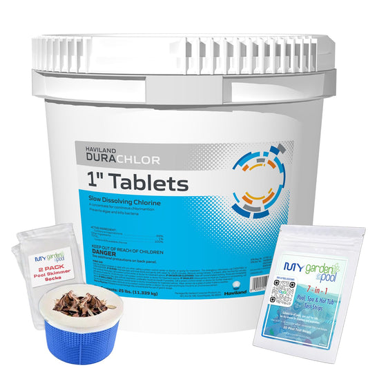 Haviland Durachlor 1 Inch Tablets 25 lb with My Garden Pool Scum Socks, Test Strip & Pool-IQ AI Assistant