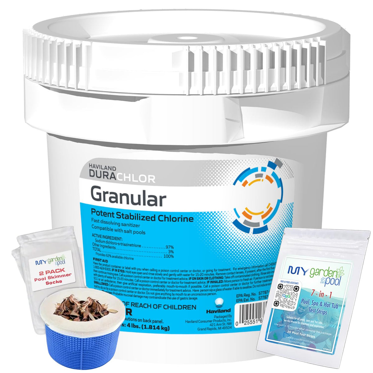 Haviland Durachlor Granular 4 lb with My Garden Pool Scum Socks, Test Strip & Pool-IQ AI Assistant