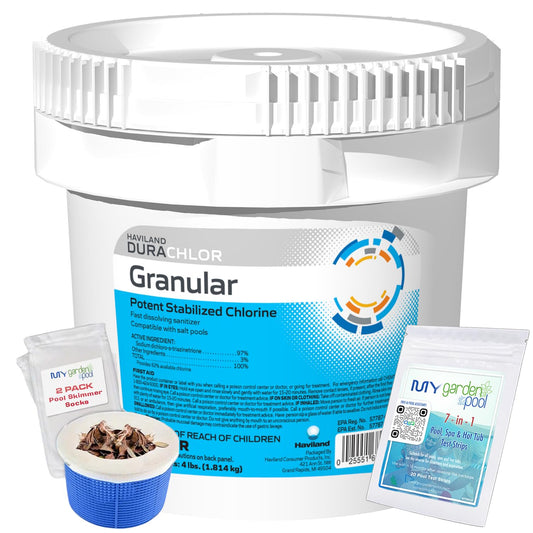 Haviland Durachlor Granular 4 lb with My Garden Pool Scum Socks, Test Strip & Pool-IQ AI Assistant