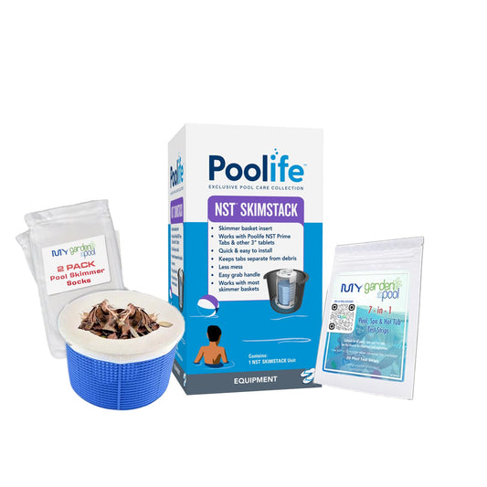 Poolife NST Skimstack – Chlorine Tablet Holder for Pools – Keeps Tablets Dry & Separate, Extends Tablet Life & Reduces Waste – Includes My Garden Pool Bonus Scum Socks & 7-in-1 Test Strip