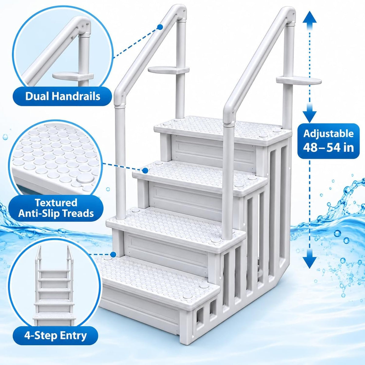 My Garden Pool 4-Step In-Pool Entry Stairs for 48–54 Inch Above-Ground Pools, Dual Handrails, Textured Step Surfaces, 2 Adjustable Deck Connectors and Slotted Side Panels, White