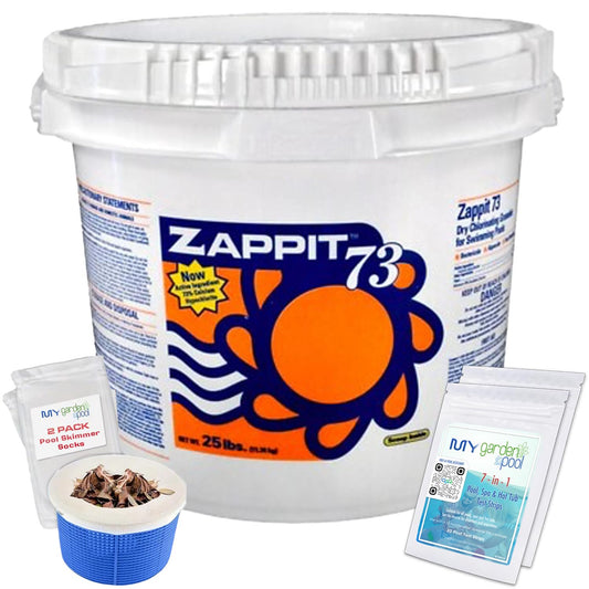 Zappit 73% Cal-Hypo Dry Chlorinating Granules 25 LB Bucket – Bactericide, Algaecide, and Fast Dissolving Shock with My Garden Pool Skimmer Socks and 7-in-1 Test Strips. – Powerful Chlorine Shock