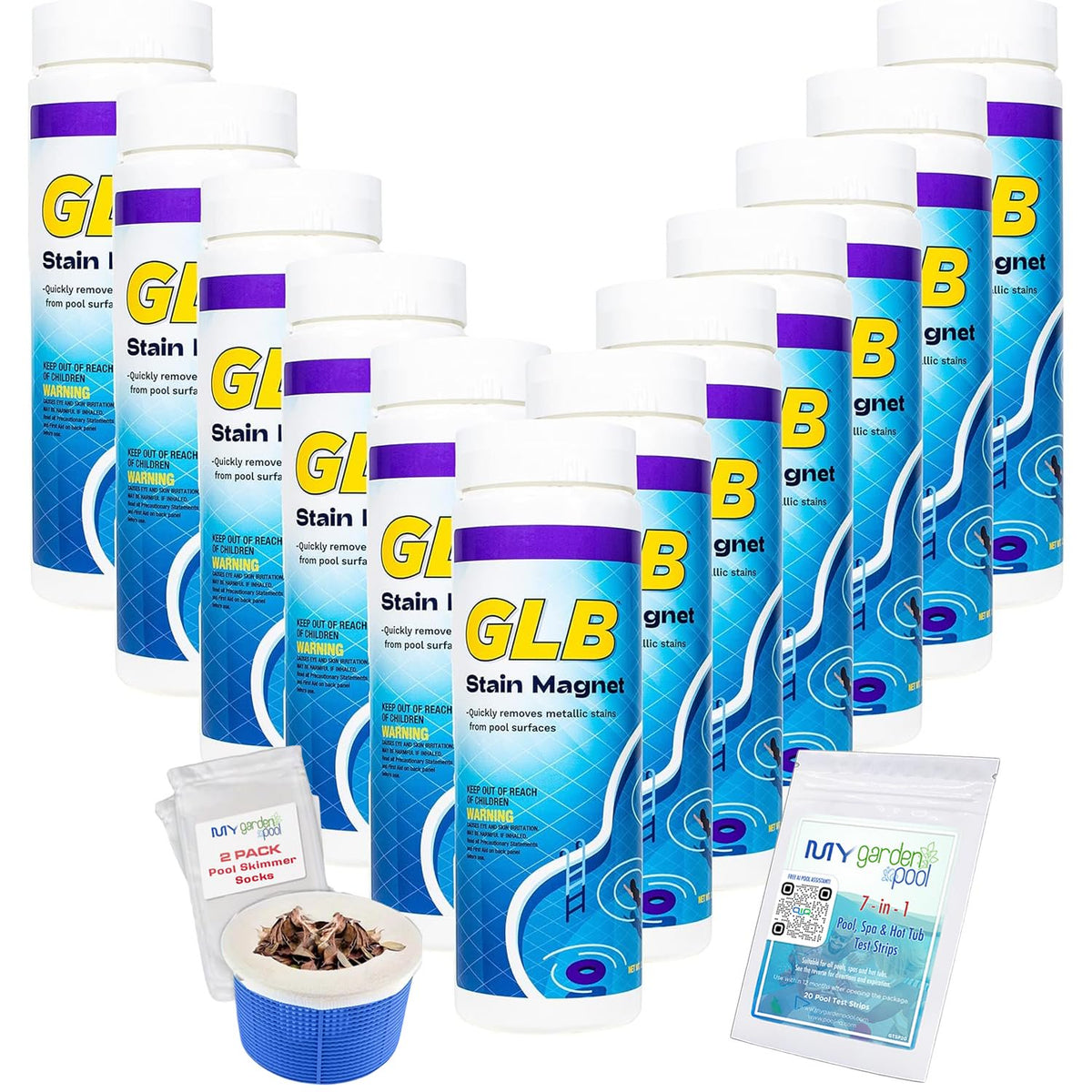 GLB Stain Magnet 2.5 LB (71020A) Pool Stain Control & Cleaner with My Garden Pool Skimmer Socks & Test Kit, 12-Pack