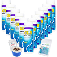 GLB Stain Magnet 2.5 LB (71020A) Pool Stain Control & Cleaner with My Garden Pool Skimmer Socks & Test Kit, 12-Pack