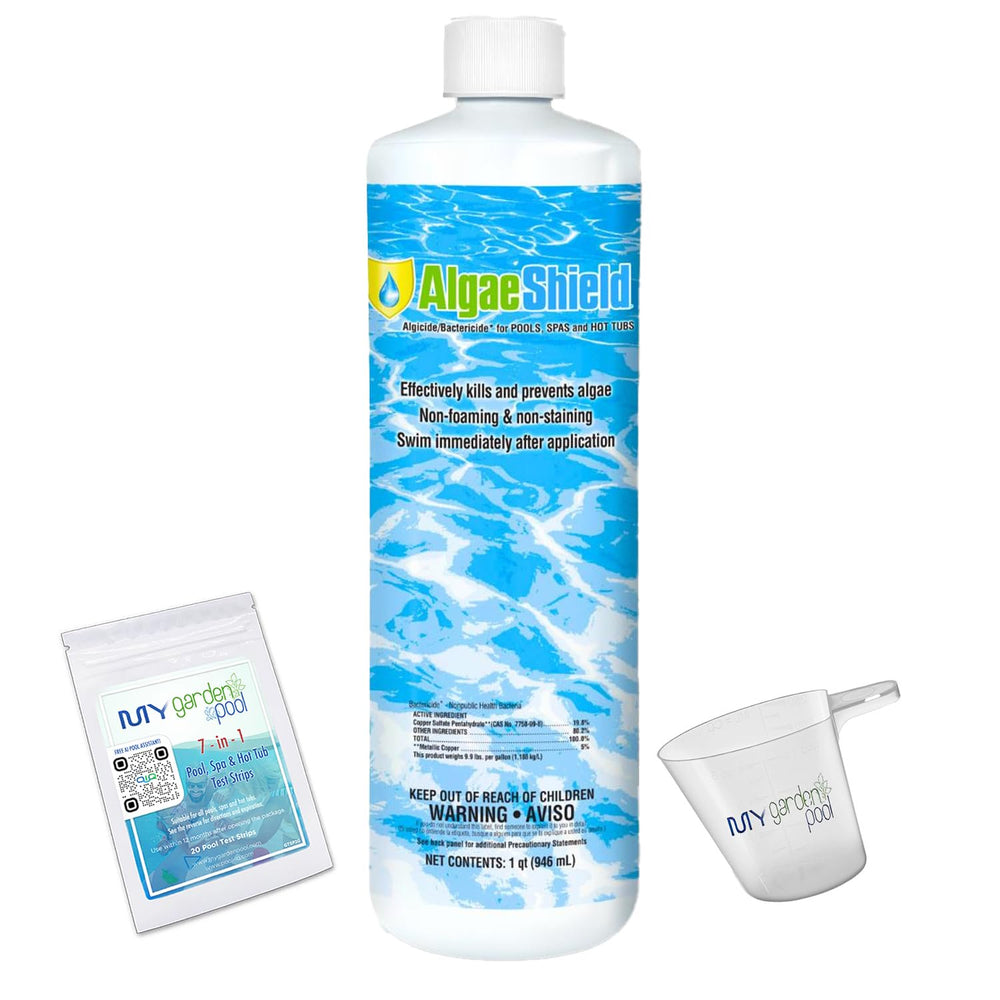 AlgaeShield Algaecide 32 FL OZ 12774 with My Garden Pool 7 in 1 Test Strips and Measuring Cup, 1 Pack