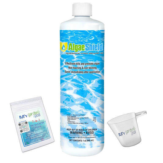 AlgaeShield Algaecide 32 FL OZ 12774 with My Garden Pool 7 in 1 Test Strips and Measuring Cup, 1 Pack