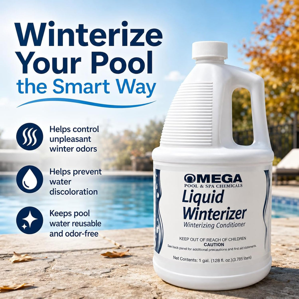 Omega Liquid Winterizer 1 Gallon Pool & Spa Winterizing Conditioner with My Garden Pool 2 Filter Drain Plugs, Seat Removal Tool, 7-in-1 Test Strips & Pool-IQ