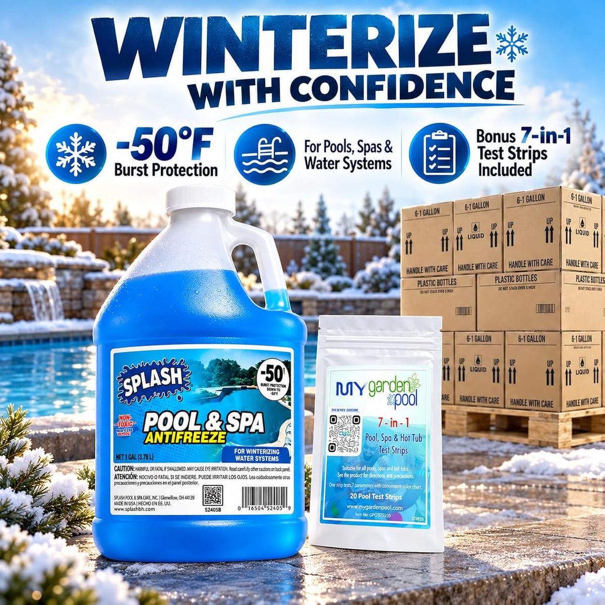 Splash Pool & Spa Antifreeze -50°F, 210 PACK - 35 CASES, Winter Protection for Pools & Spas - NEW DESIGN - with My Garden Pool 7-in-1 Pool & Spa Test Strips (20 ct.)