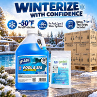 Splash Pool & Spa Antifreeze -50°F, 210 PACK - 35 CASES, Winter Protection for Pools & Spas - NEW DESIGN - with My Garden Pool 7-in-1 Pool & Spa Test Strips (20 ct.)