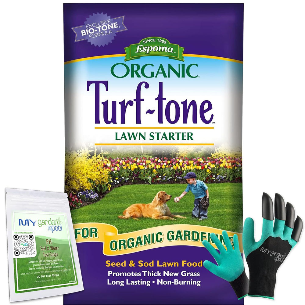 Espoma Turf-Tone Lawn Starter Natural & Organic Starter Fertilizer. with Long Lasting, Nitrogen, Phosphorus and Our Bio-Tone Formula. 30 lb  with My Garden Pool Soil pH Test Strips and Claw Gloves