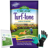 Espoma Turf-Tone Lawn Starter Natural & Organic Starter Fertilizer. with Long Lasting, Nitrogen, Phosphorus and Our Bio-Tone Formula. 30 lb  with My Garden Pool Soil pH Test Strips and Claw Gloves