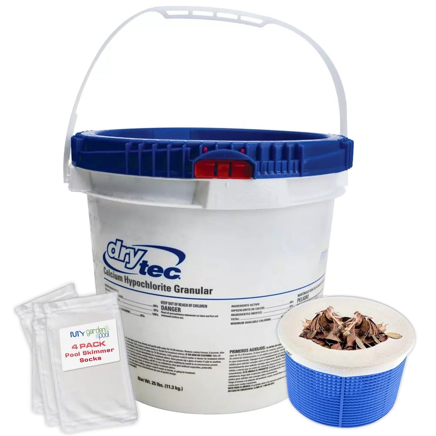 Drytec Calcium Hypochlorite Pool Shock 68%, 25 LB, Complete Pool Care Kit with My Garden Pool Skimmer Sock Powerful Chlorine Shock for Clear Swimming Water
