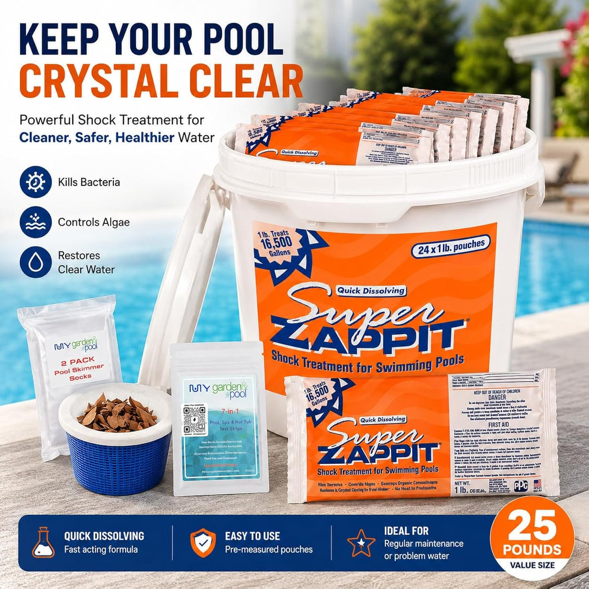 Super Zappit %73 Cal Hypo Shock Fast Dissolving Shock Treatment, 24 x 1 Lb Bag with My Garden Pool Skimmer Socks and 7-in-1 Test Strips. – Powerful Chlorine Shock