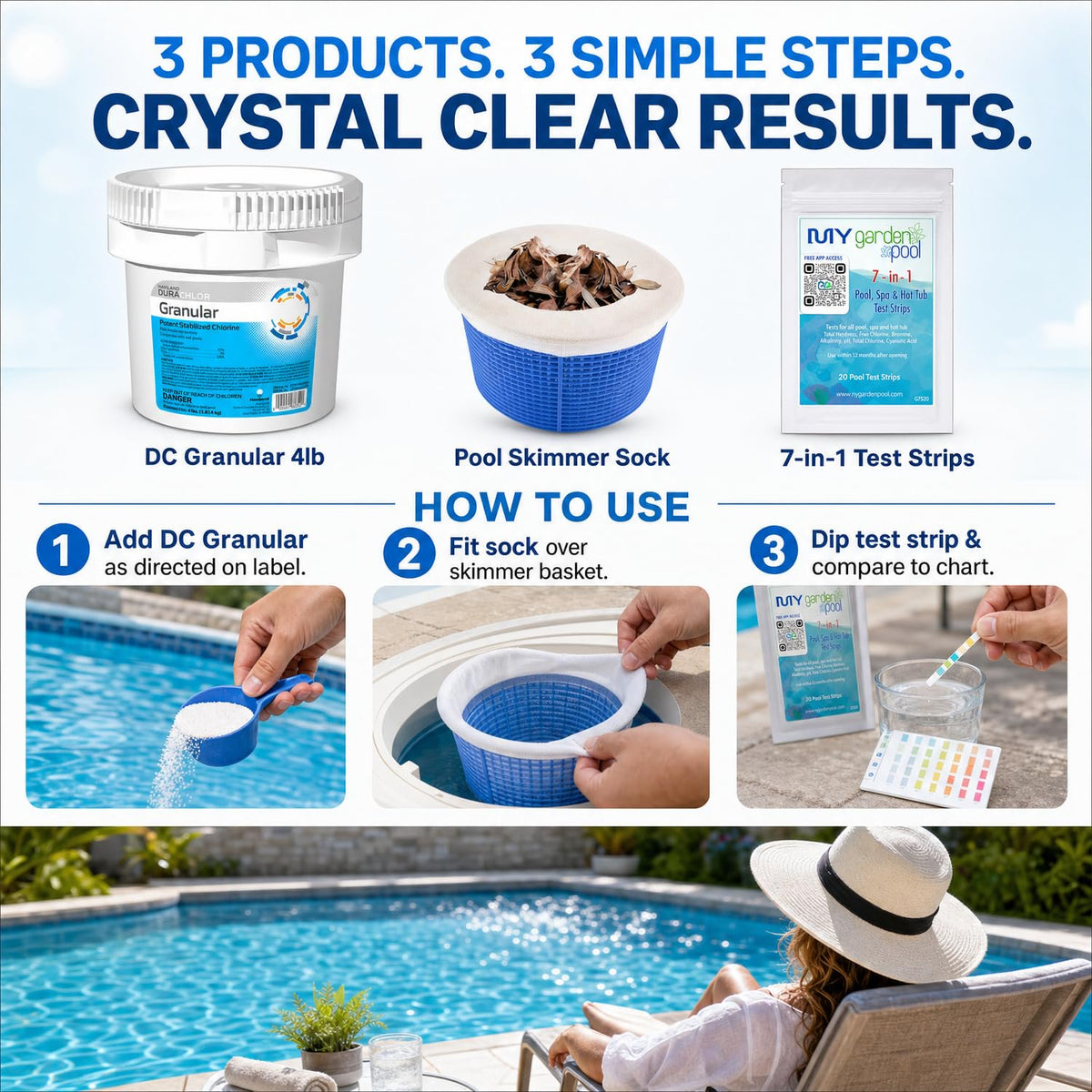 Haviland Durachlor Granular 4 lb with My Garden Pool Scum Socks, Test Strip & Pool-IQ AI Assistant