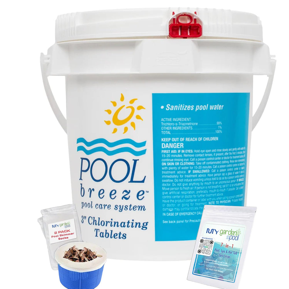 Pool Breeze 3" Chlorinating Tablets 88417 – 5 lb – Compact Pool Chlorine Tabs – with My Garden Pool 7 in 1 Test Strips & Scum Socks