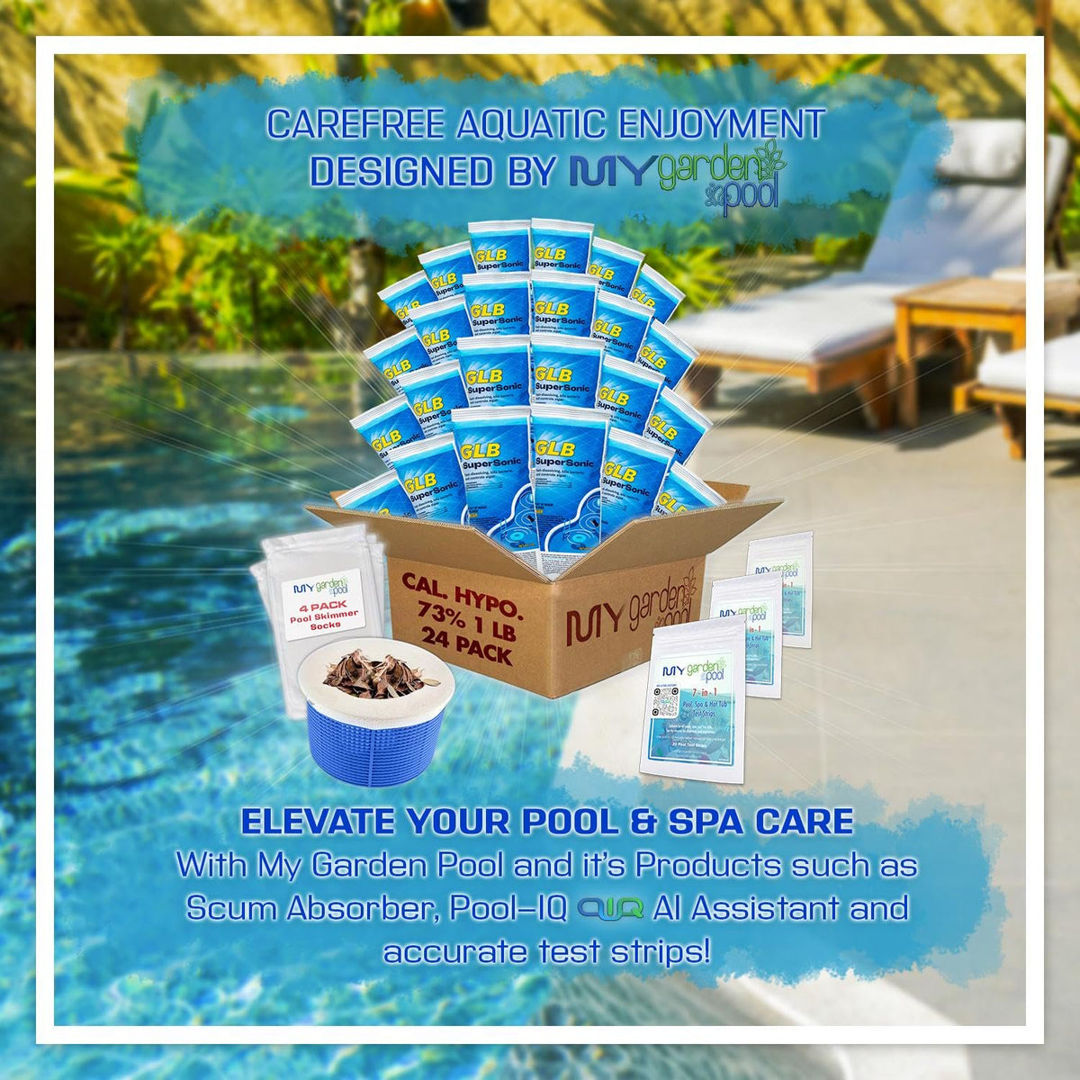 GLB Supersonic 73% Cal-Hypo Shock, 1 lb., Case of 24 with Complete Pool Care Kit with My Garden Pool Skimmer Sock and 7-in-1 Test Strips, 60 ct. – Powerful Chlorine Shock for Clear Swimming Water